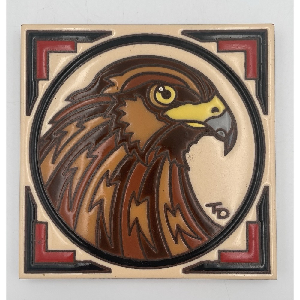 Vtg Earthtones Ceramic Tile Art Hawk Southwest Decor Made In The USA Cuerda Seca